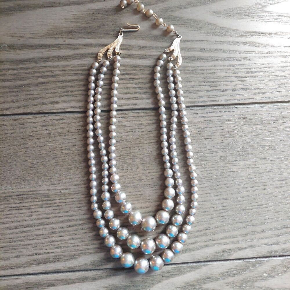 VTG faux pearl Choker Necklace 3-strand Silver/gray Short 12" Japan